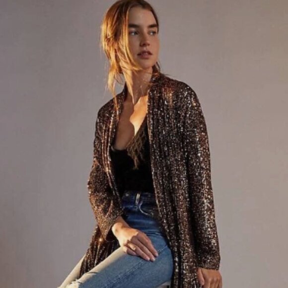 BB Dakota by Steve Madden Jackets & Blazers - BB Dakota Dulcinea Sequin Duster Jacket - Black and Rose Gold - SMALL - NWT